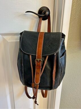 Patricia Nash Black Leather Backpack with Brown Leather Trim